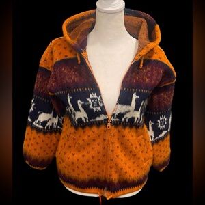 Artesanias Tuntaquimba  Orange Aztec Wool Hoodie Sweater Southwest Full Zip Sz S